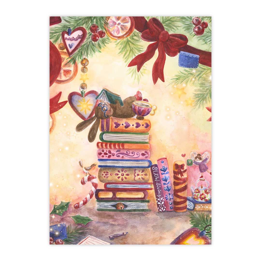 Kerstkaart Lezen op de Boekenstapel - Afbeelding 2