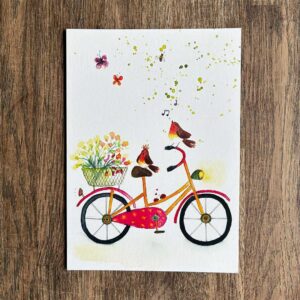 Postkaart Fiets met Roodborstjes en Bloemen