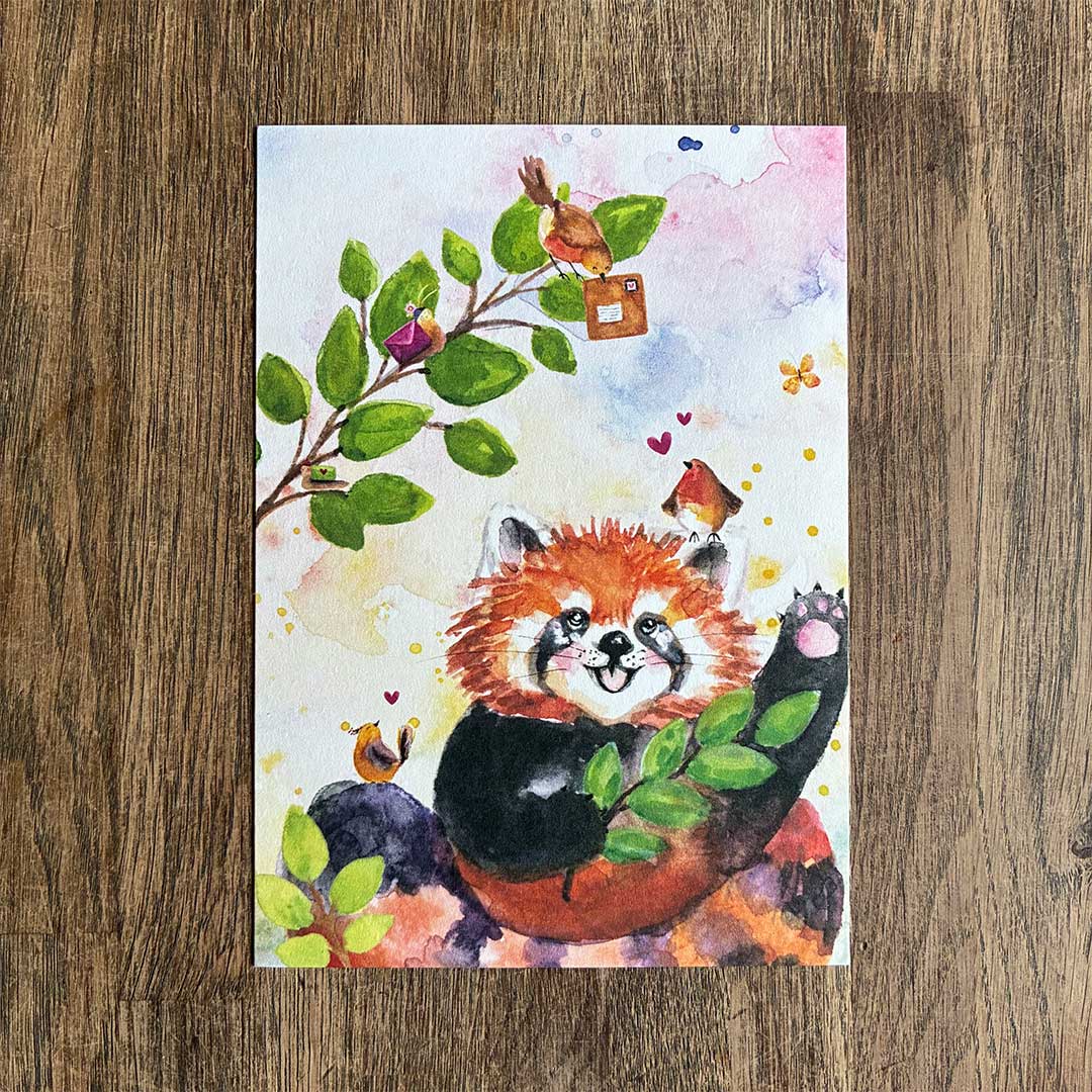 Postkaart Post van Rode Panda en Roodborstjes
